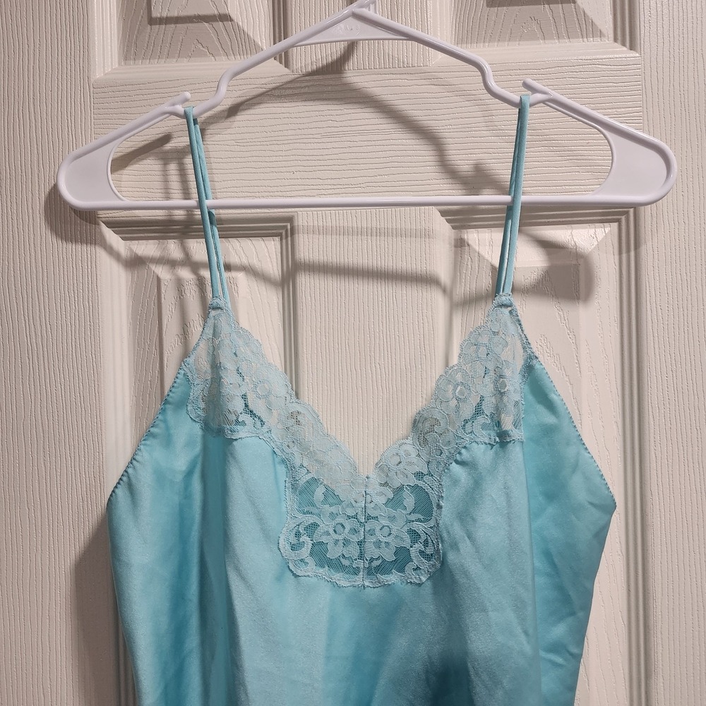 Vintage Victoria's Secret Slip Dress M Blue Satin Lace Chemise Nightgown - Picture 2 of 10